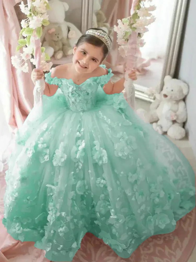 Off-Shoulder Pearl Tulle Flower Girl Dress - Luzilly Bridal & Apparel