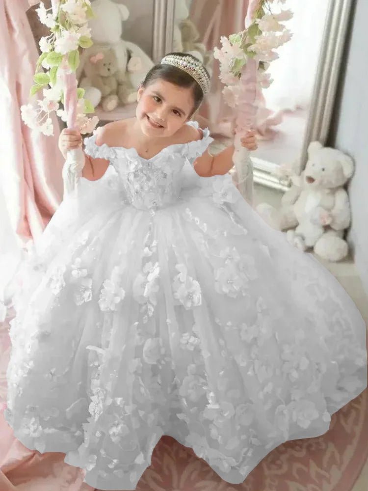 Off-Shoulder Pearl Tulle Flower Girl Dress - Luzilly Bridal & Apparel