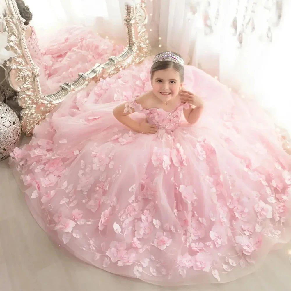 Off-Shoulder Pearl Tulle Flower Girl Dress - Luzilly Bridal & Apparel