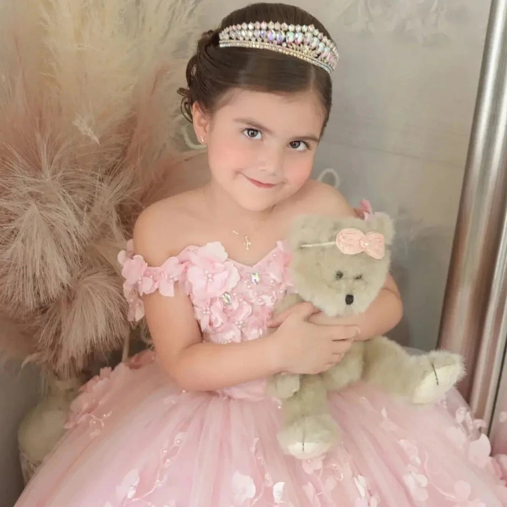 Off-Shoulder Pearl Tulle Flower Girl Dress - Luzilly Bridal & Apparel