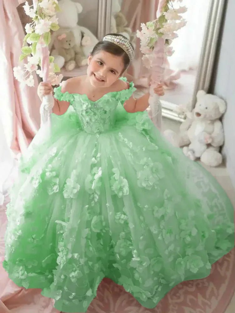 Off-Shoulder Pearl Tulle Flower Girl Dress - Luzilly Bridal & Apparel