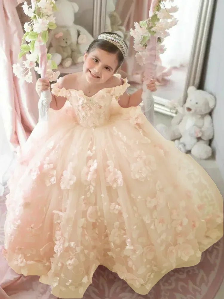 Off-Shoulder Pearl Tulle Flower Girl Dress - Luzilly Bridal & Apparel