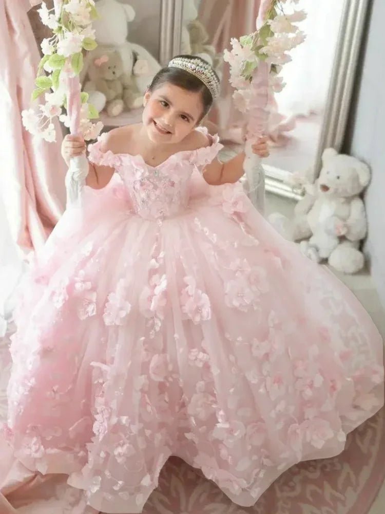Off-Shoulder Pearl Tulle Flower Girl Dress - Luzilly Bridal & Apparel