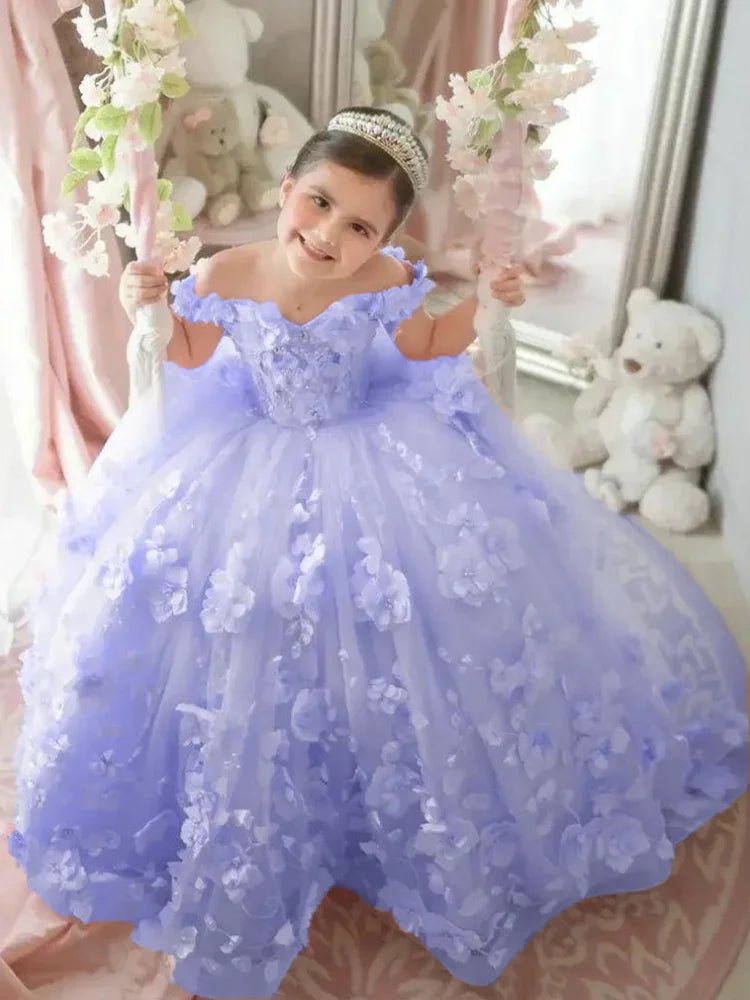 Off-Shoulder Pearl Tulle Flower Girl Dress - Luzilly Bridal & Apparel