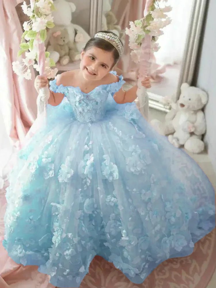 Off-Shoulder Pearl Tulle Flower Girl Dress - Luzilly Bridal & Apparel