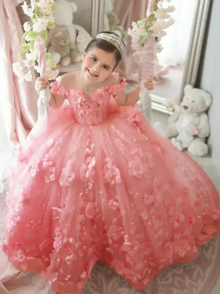 Off-Shoulder Pearl Tulle Flower Girl Dress - Luzilly Bridal & Apparel