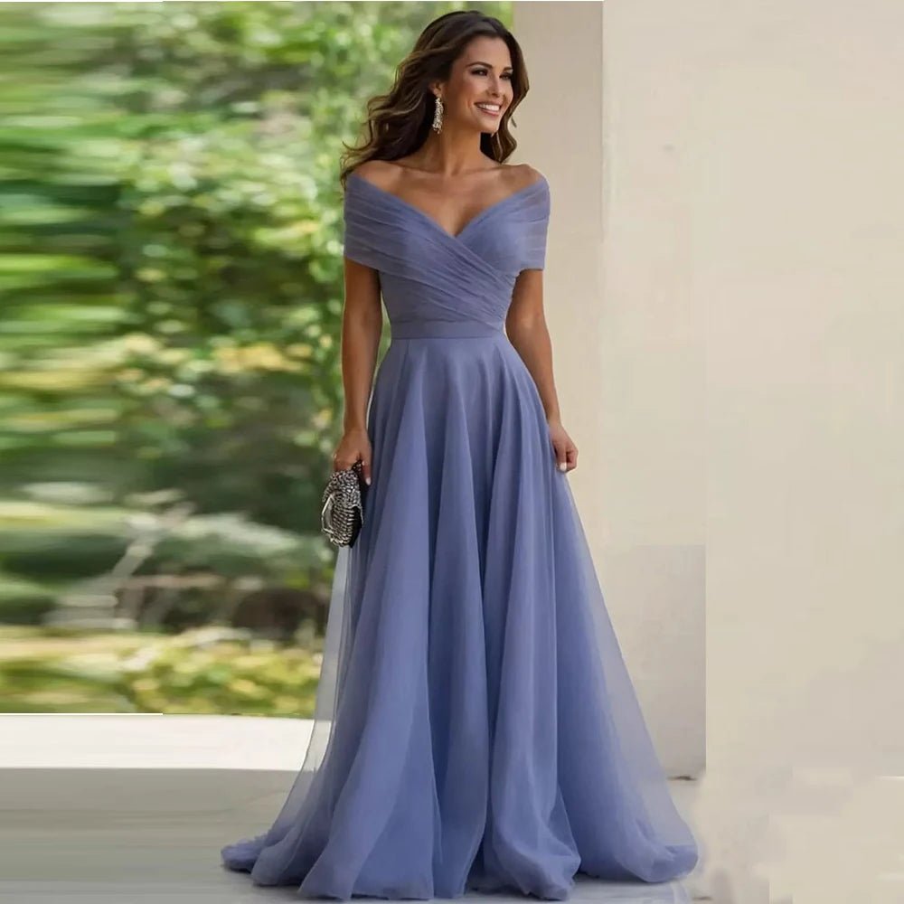 Off-Shoulder Pleated A-Line Mother of the Bride Dress - Luzilly Bridal & Apparel