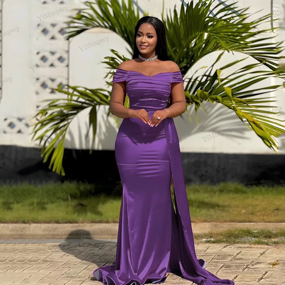 Off-Shoulder Pleated Mermaid Bridesmaid Dress with Sweep Train - Luzilly Bridal & Apparel