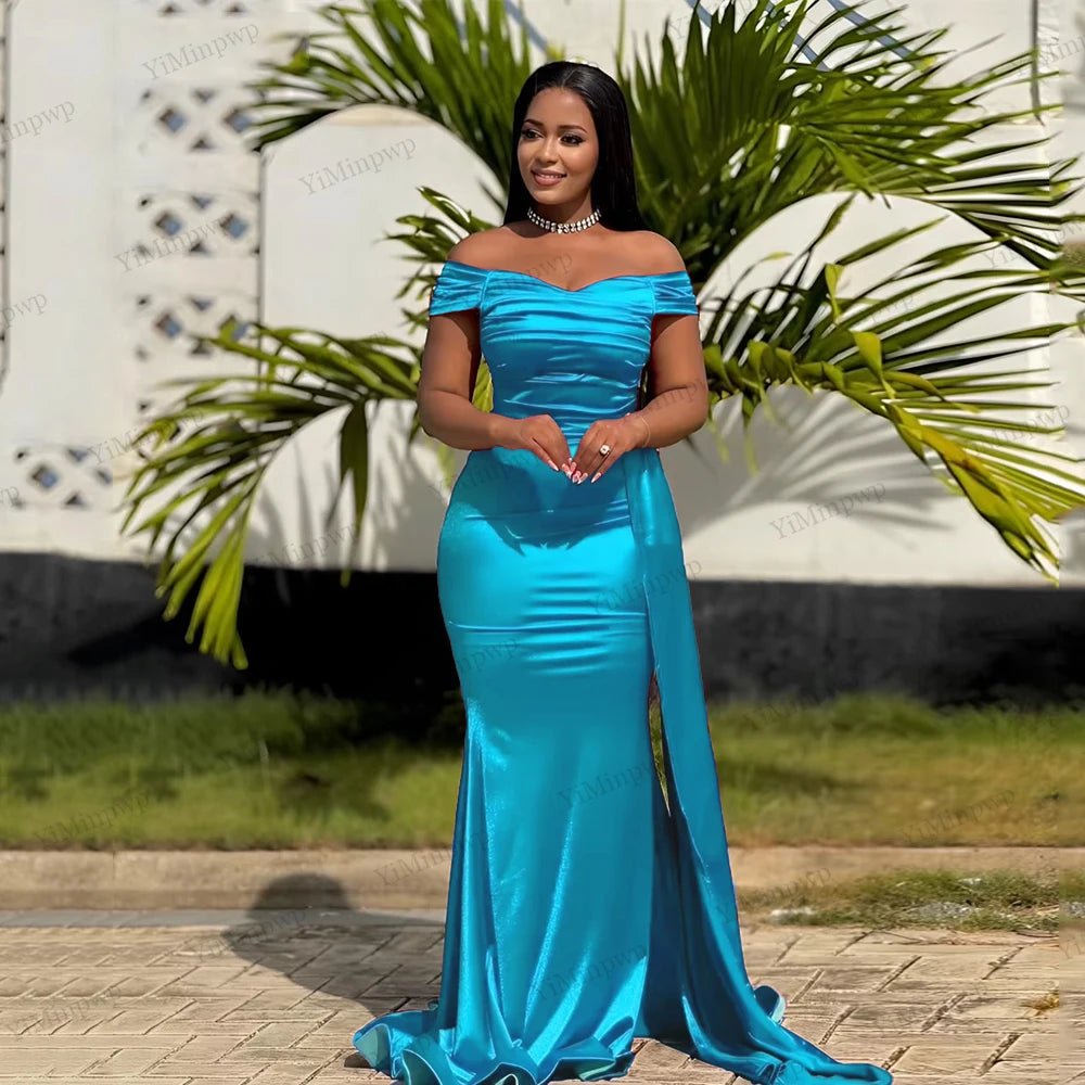 Off-Shoulder Pleated Mermaid Bridesmaid Dress with Sweep Train - Luzilly Bridal & Apparel