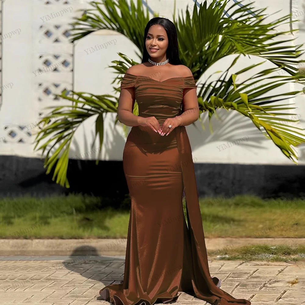 Off-Shoulder Pleated Mermaid Bridesmaid Dress with Sweep Train - Luzilly Bridal & Apparel