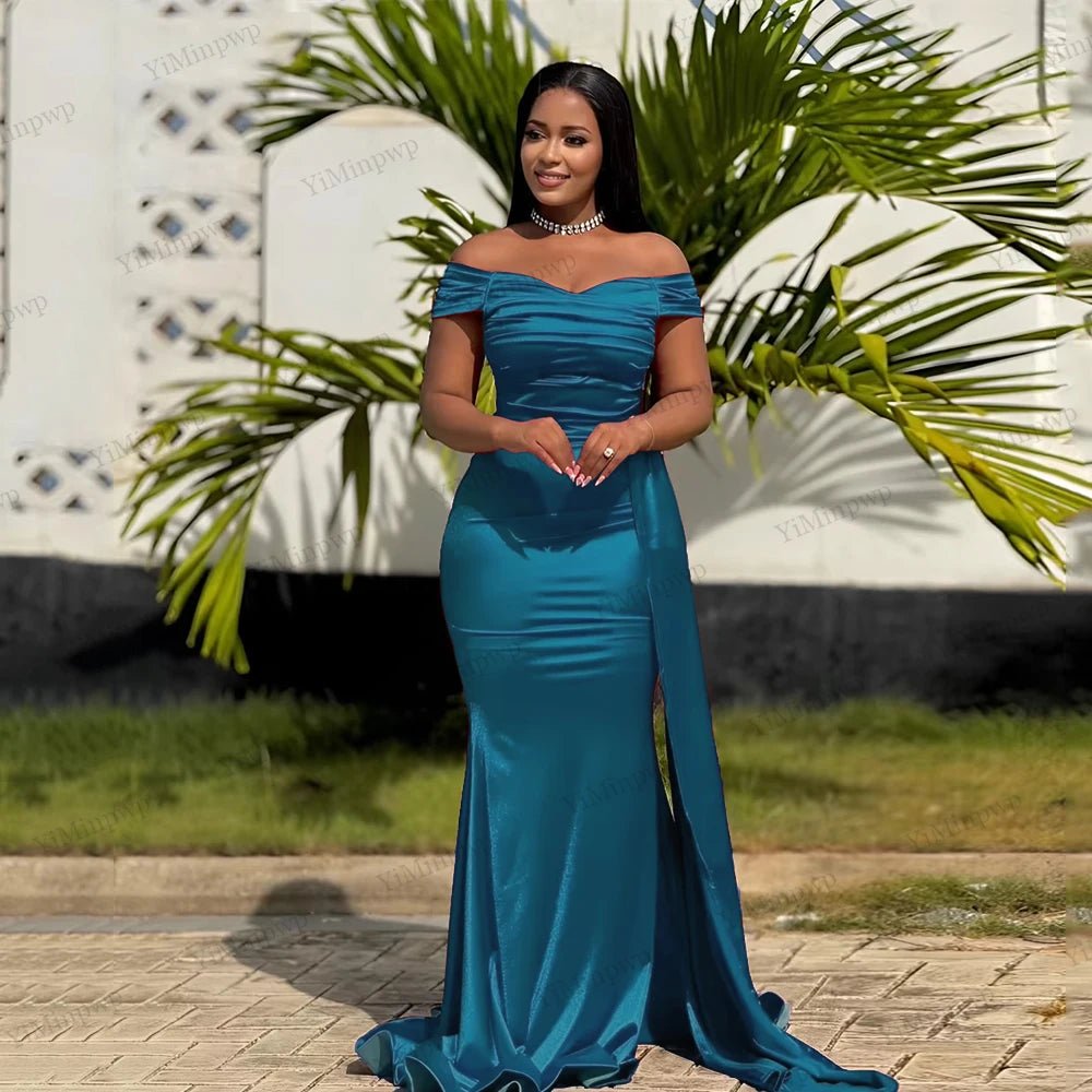 Off-Shoulder Pleated Mermaid Bridesmaid Dress with Sweep Train - Luzilly Bridal & Apparel