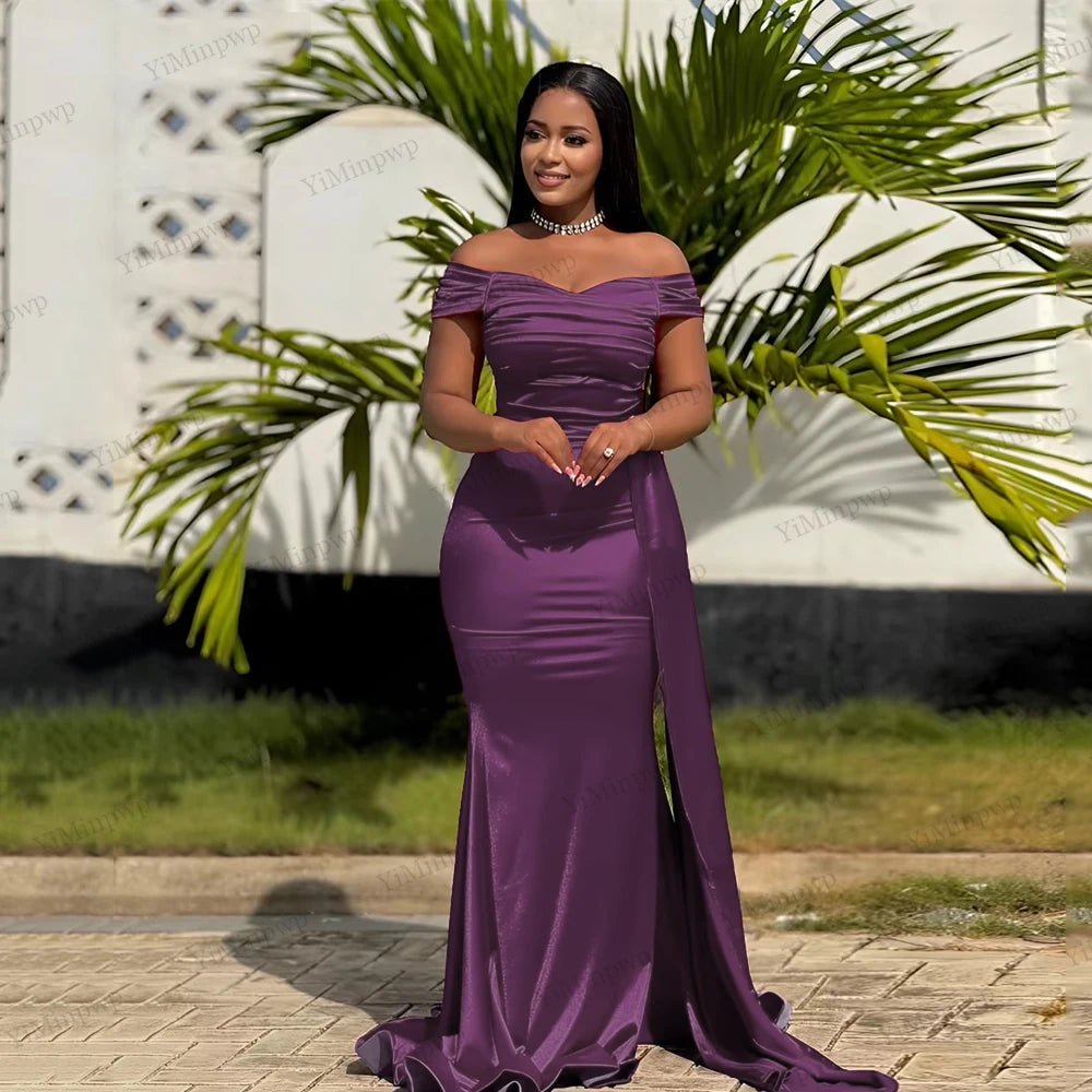 Off-Shoulder Pleated Mermaid Bridesmaid Dress with Sweep Train - Luzilly Bridal & Apparel