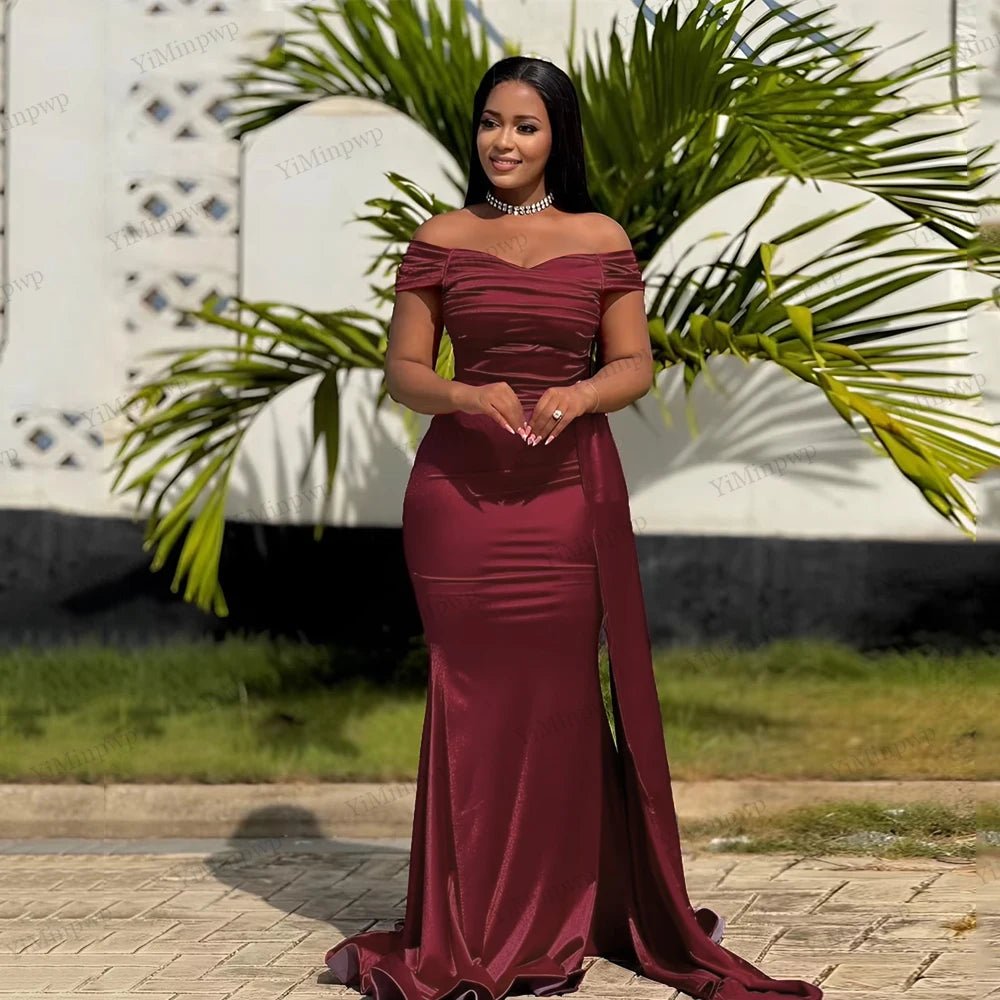 Off-Shoulder Pleated Mermaid Bridesmaid Dress with Sweep Train - Luzilly Bridal & Apparel