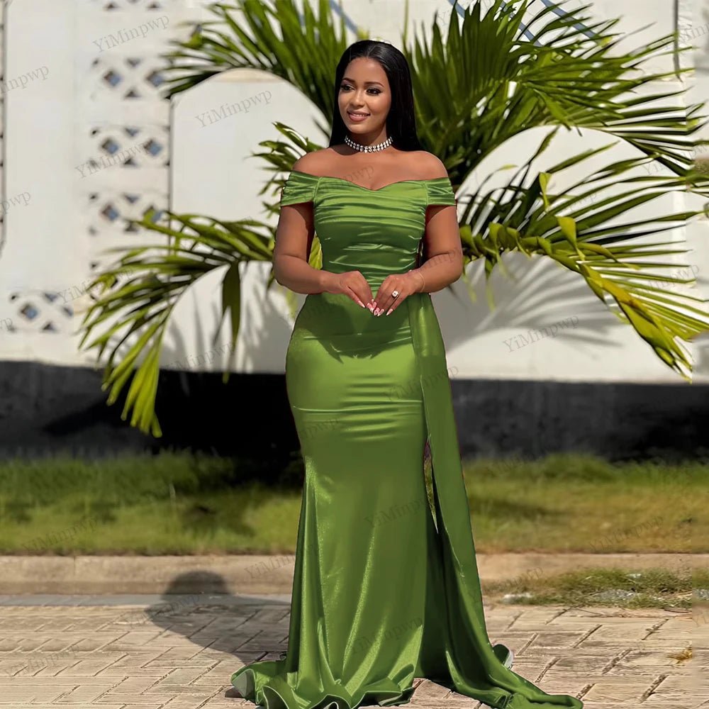 Off-Shoulder Pleated Mermaid Bridesmaid Dress with Sweep Train - Luzilly Bridal & Apparel