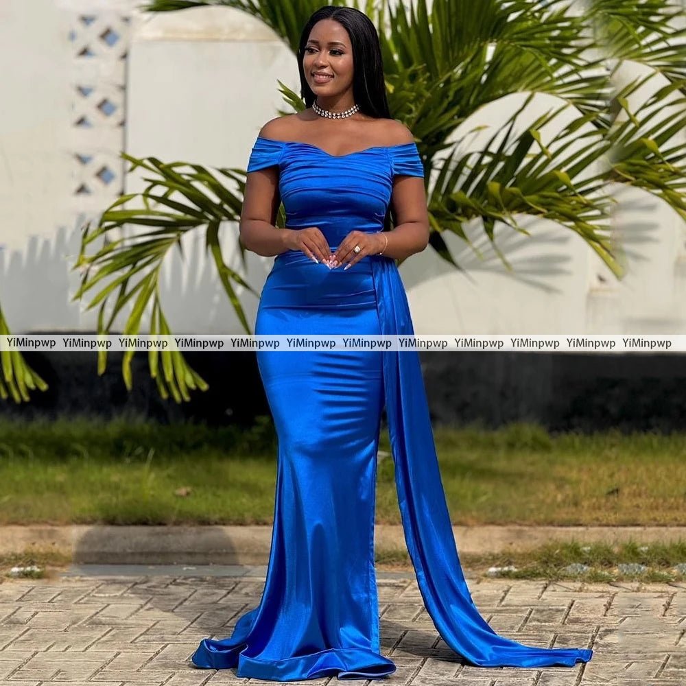 Off-Shoulder Pleated Mermaid Bridesmaid Dress with Sweep Train - Luzilly Bridal & Apparel