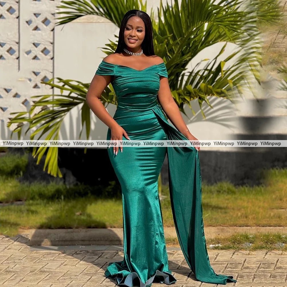 Off-Shoulder Pleated Mermaid Bridesmaid Dress with Sweep Train - Luzilly Bridal & Apparel