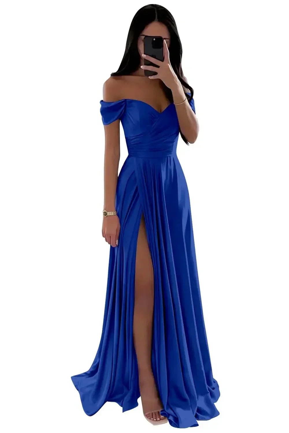 Off-Shoulder Pleated Satin A-Line Bridesmaid Dress with Slit - Luzilly Bridal & Apparel