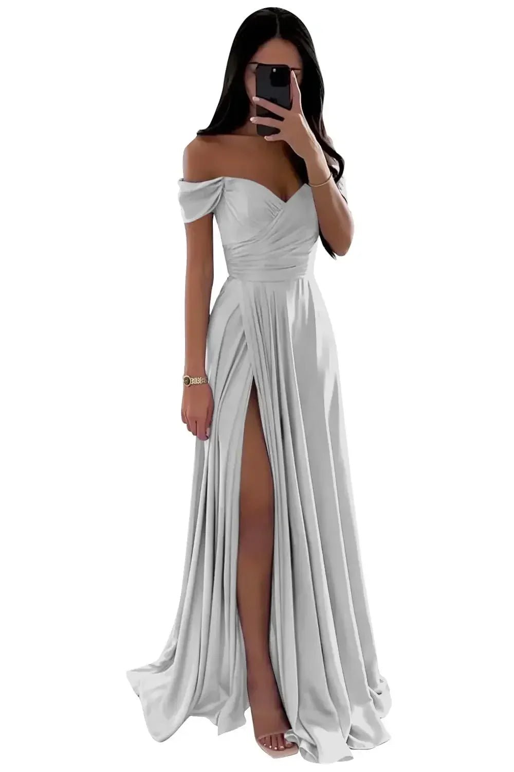 Off-Shoulder Pleated Satin A-Line Bridesmaid Dress with Slit - Luzilly Bridal & Apparel