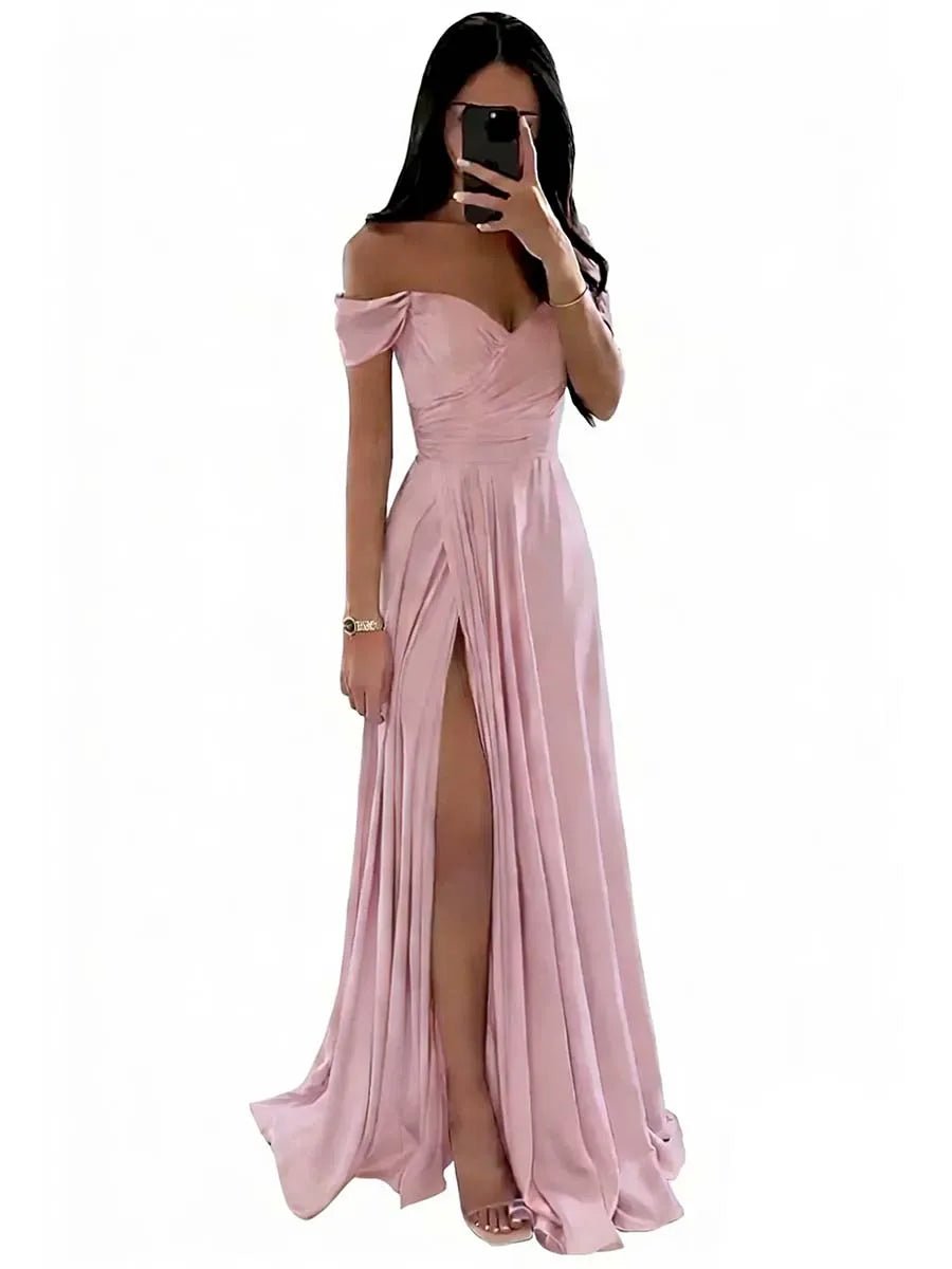 Off-Shoulder Pleated Satin A-Line Bridesmaid Dress with Slit - Luzilly Bridal & Apparel