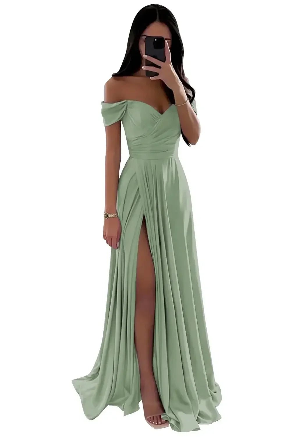 Off-Shoulder Pleated Satin A-Line Bridesmaid Dress with Slit - Luzilly Bridal & Apparel