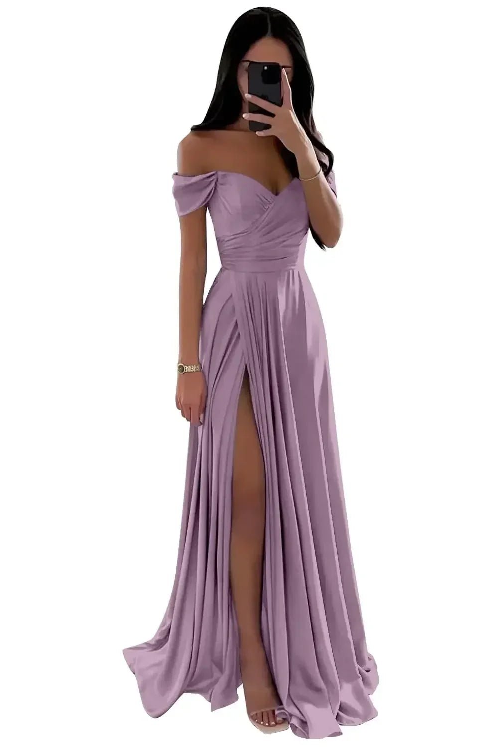 Off-Shoulder Pleated Satin A-Line Bridesmaid Dress with Slit - Luzilly Bridal & Apparel