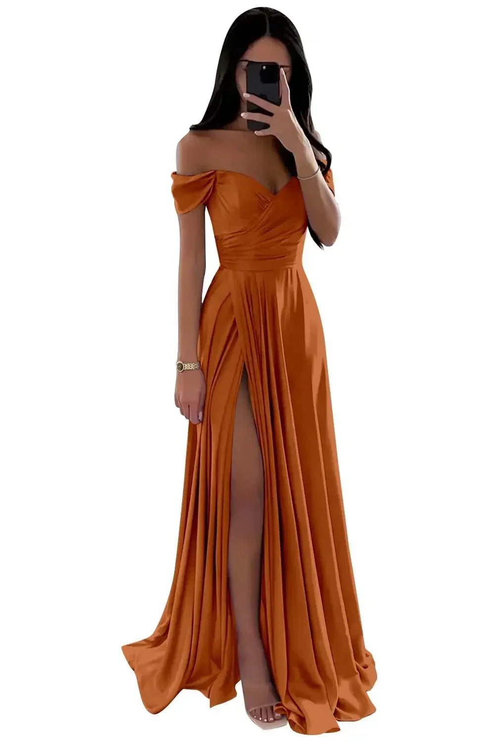Off-Shoulder Pleated Satin A-Line Bridesmaid Dress with Slit - Luzilly Bridal & Apparel