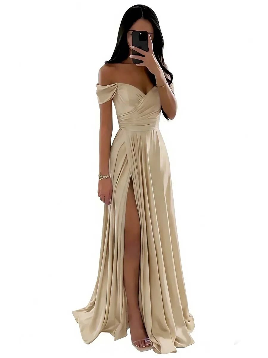 Off-Shoulder Pleated Satin A-Line Bridesmaid Dress with Slit - Luzilly Bridal & Apparel