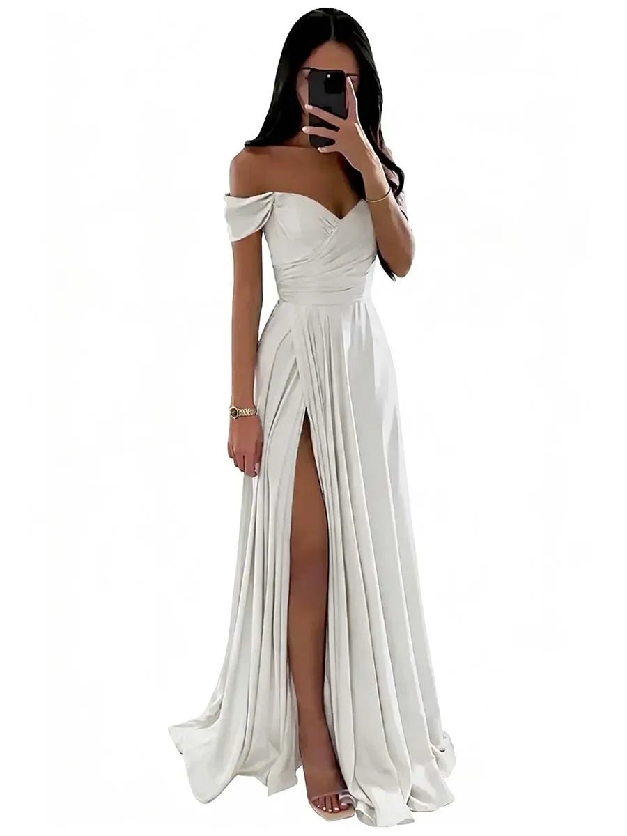 Off-Shoulder Pleated Satin A-Line Bridesmaid Dress with Slit - Luzilly Bridal & Apparel