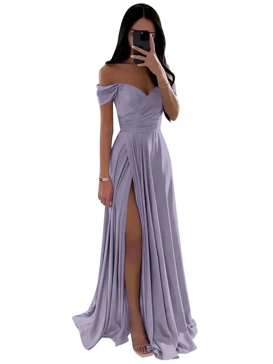Off-Shoulder Pleated Satin A-Line Bridesmaid Dress with Slit - Luzilly Bridal & Apparel
