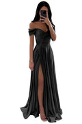 Off-Shoulder Pleated Satin A-Line Bridesmaid Dress with Slit - Luzilly Bridal & Apparel