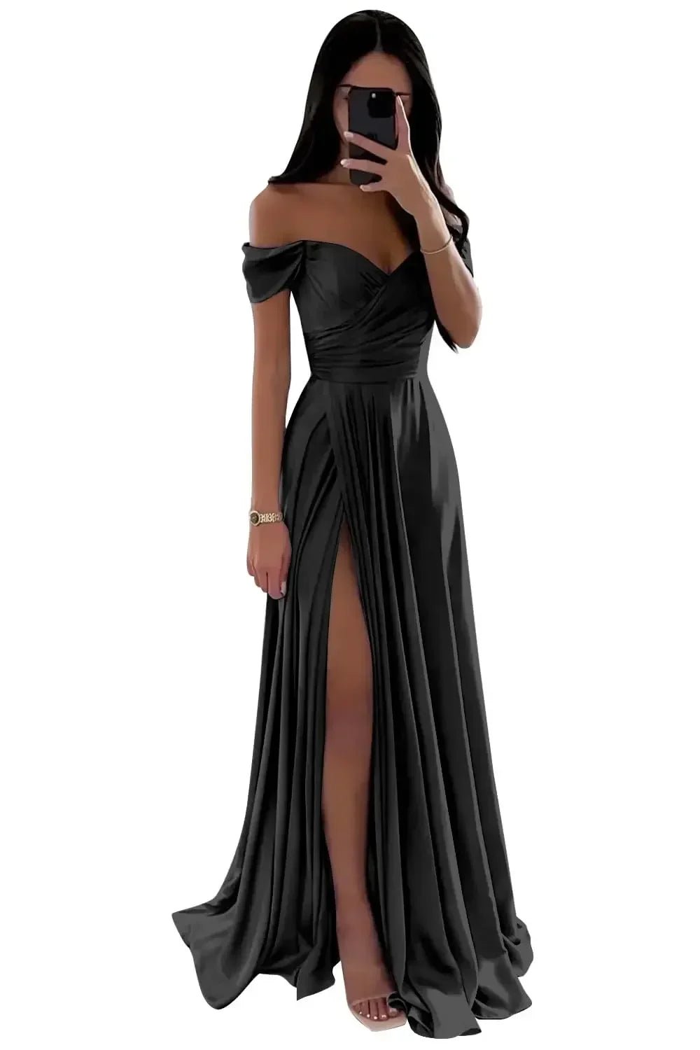 Off-Shoulder Pleated Satin A-Line Bridesmaid Dress with Slit - Luzilly Bridal & Apparel
