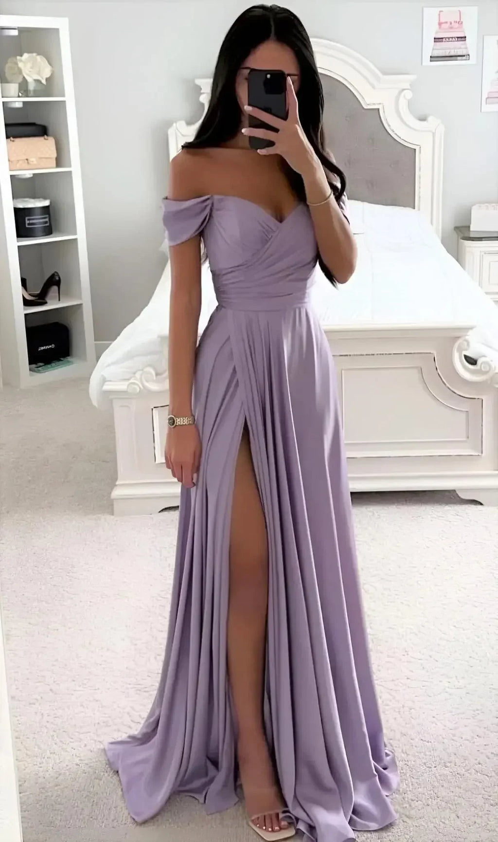 Off-Shoulder Pleated Satin A-Line Bridesmaid Dress with Slit - Luzilly Bridal & Apparel