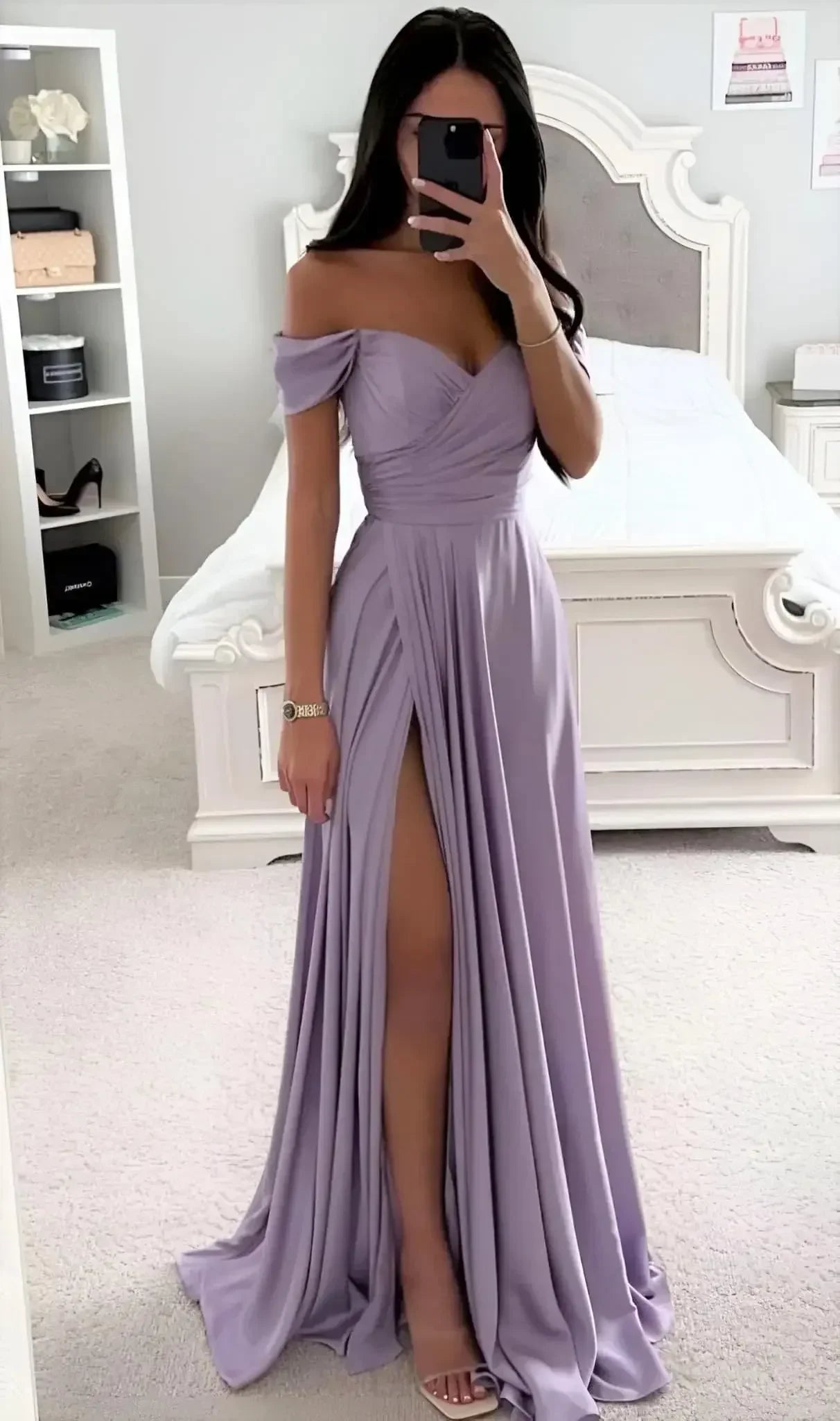 Off-Shoulder Pleated Satin A-Line Bridesmaid Dress with Slit - Luzilly Bridal & Apparel