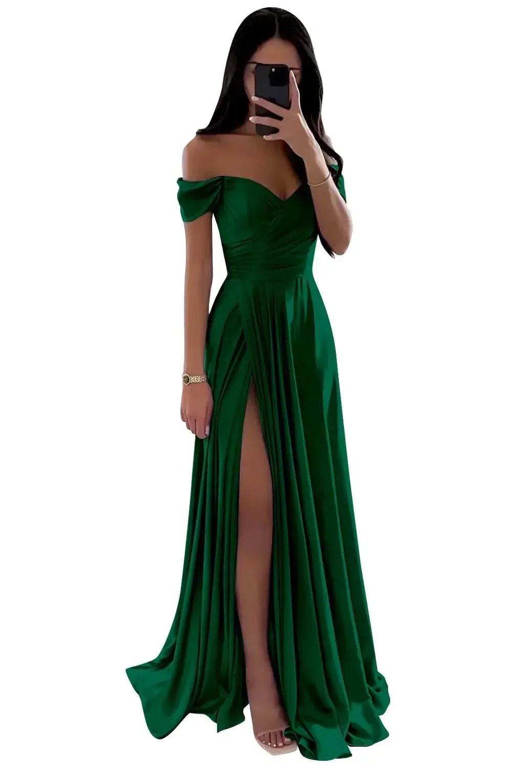 Off-Shoulder Pleated Satin A-Line Bridesmaid Dress with Slit - Luzilly Bridal & Apparel