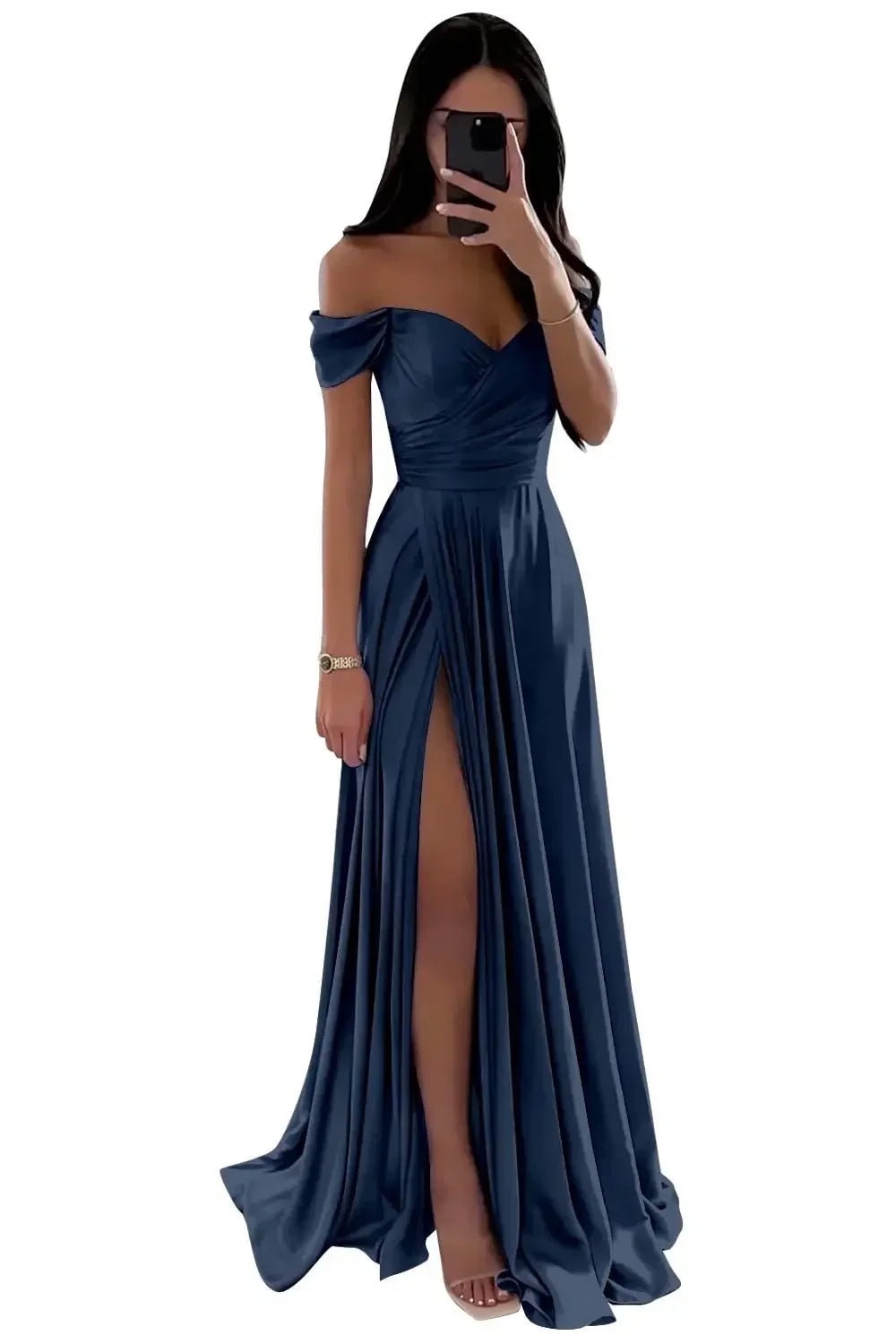Off-Shoulder Pleated Satin A-Line Bridesmaid Dress with Slit - Luzilly Bridal & Apparel