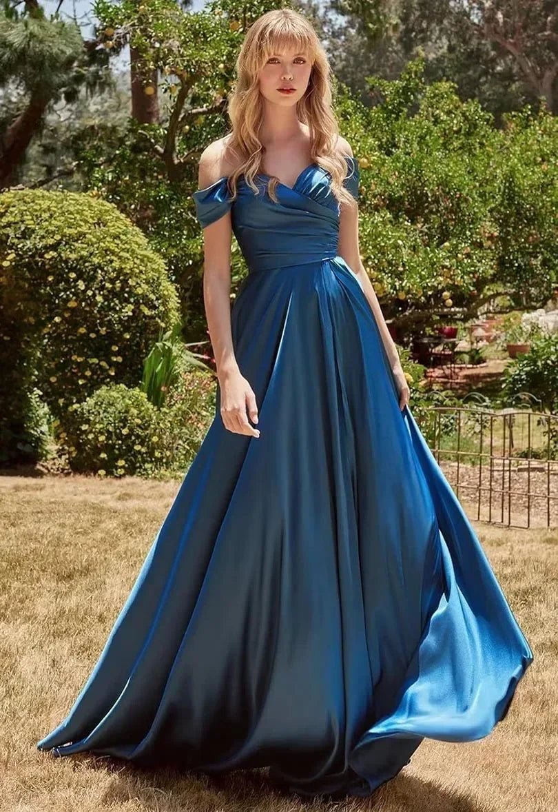 Off-Shoulder Pleated Satin A-Line Bridesmaid Dress with Slit - Luzilly Bridal & Apparel