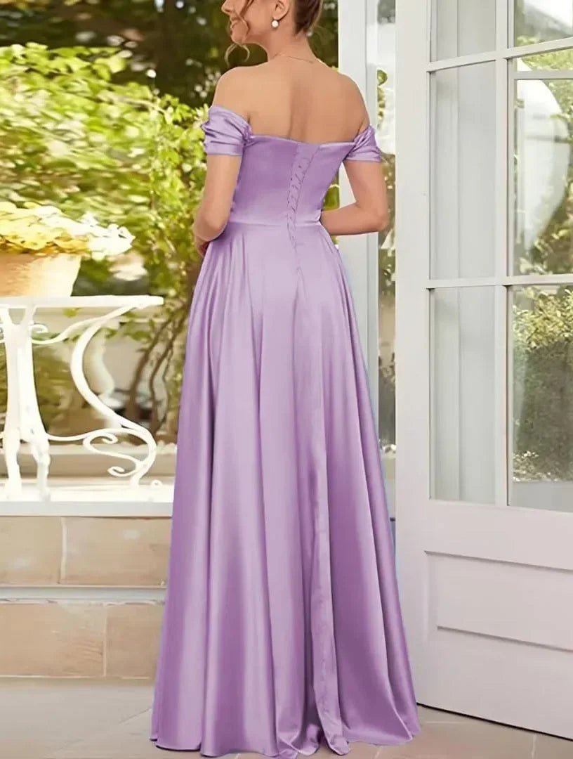 Off-Shoulder Pleated Satin A-Line Bridesmaid Dress with Slit - Luzilly Bridal & Apparel