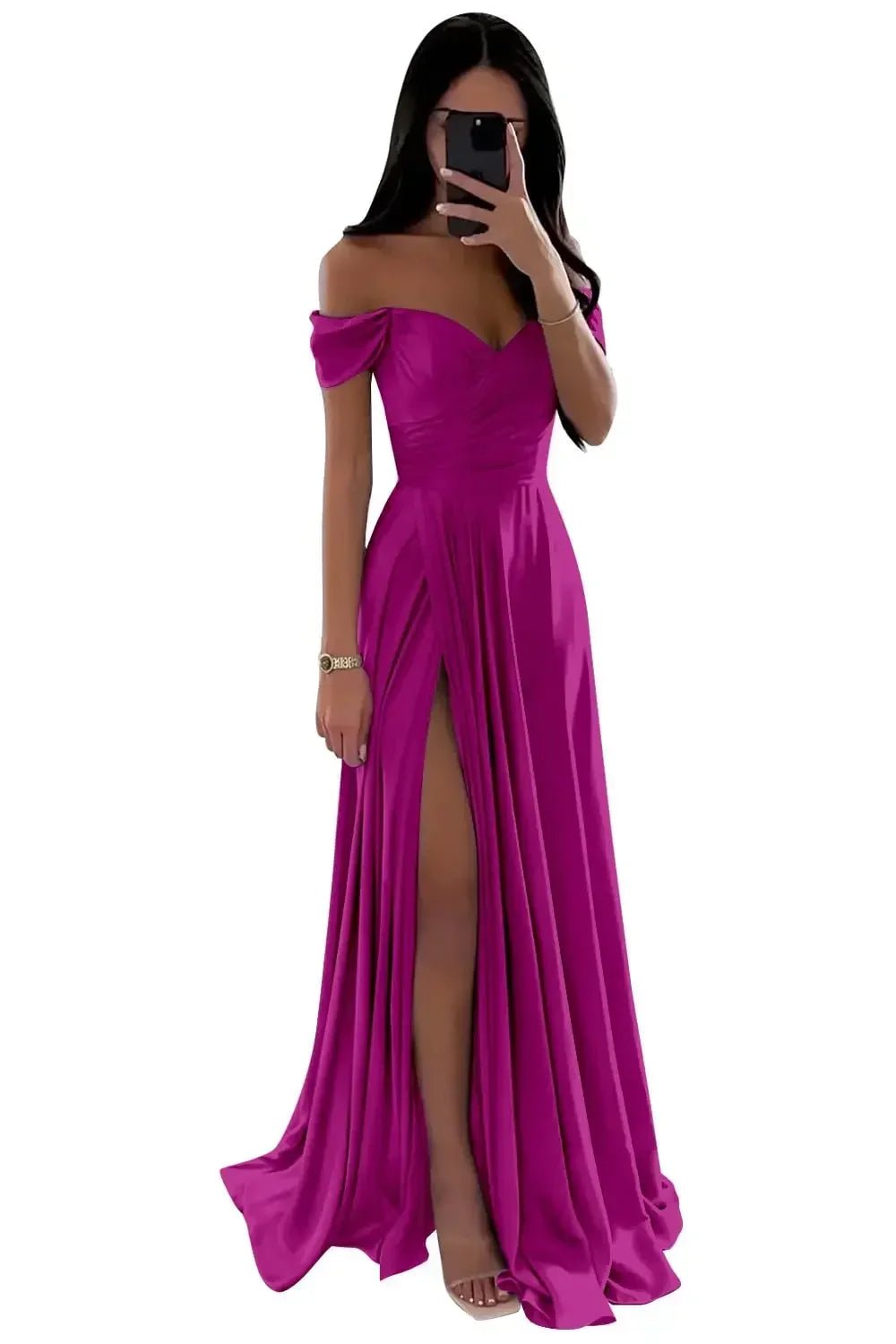 Off-Shoulder Pleated Satin A-Line Bridesmaid Dress with Slit - Luzilly Bridal & Apparel