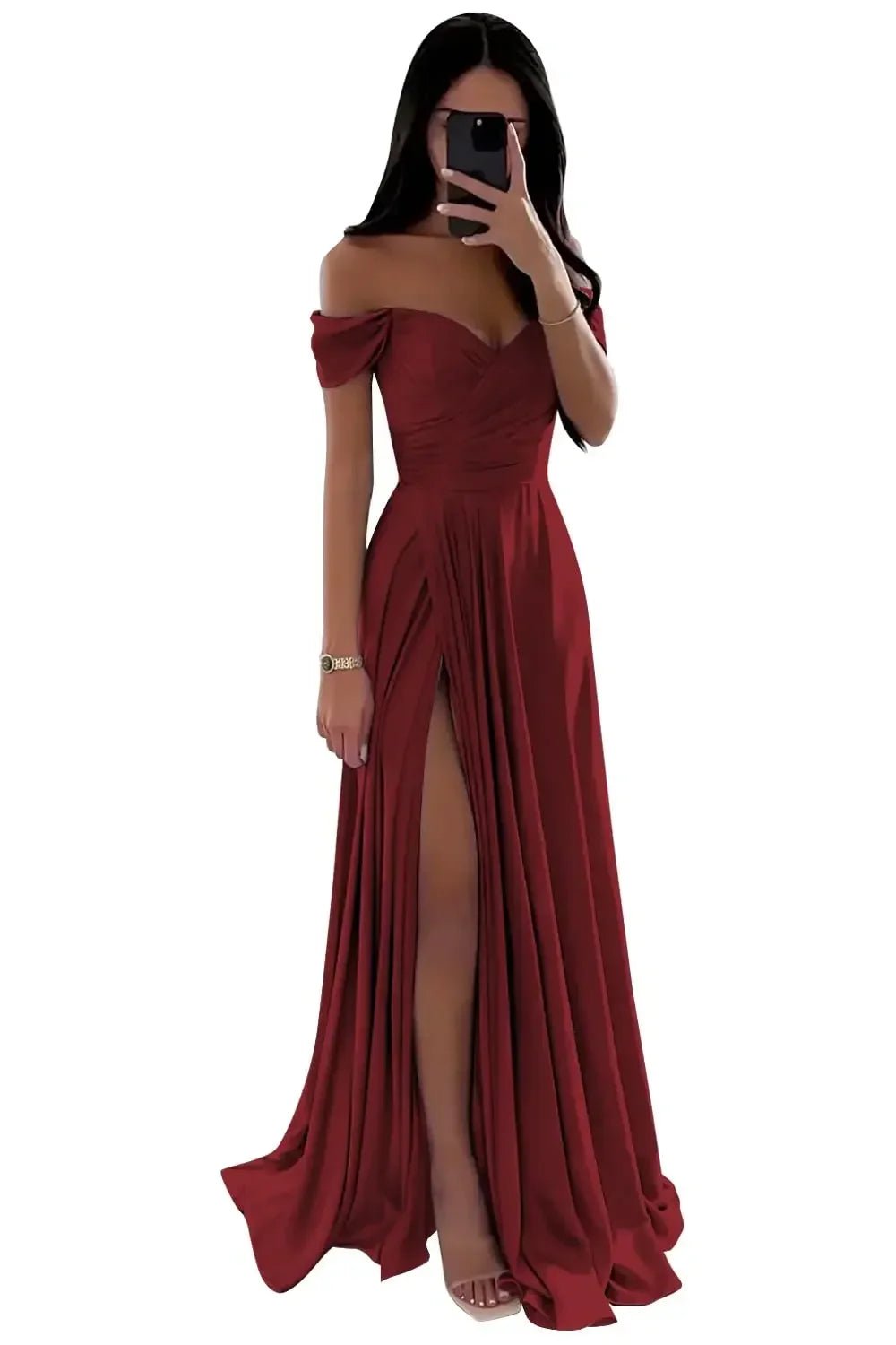 Off-Shoulder Pleated Satin A-Line Bridesmaid Dress with Slit - Luzilly Bridal & Apparel