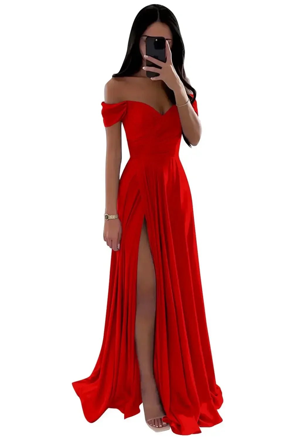 Off-Shoulder Pleated Satin A-Line Bridesmaid Dress with Slit - Luzilly Bridal & Apparel