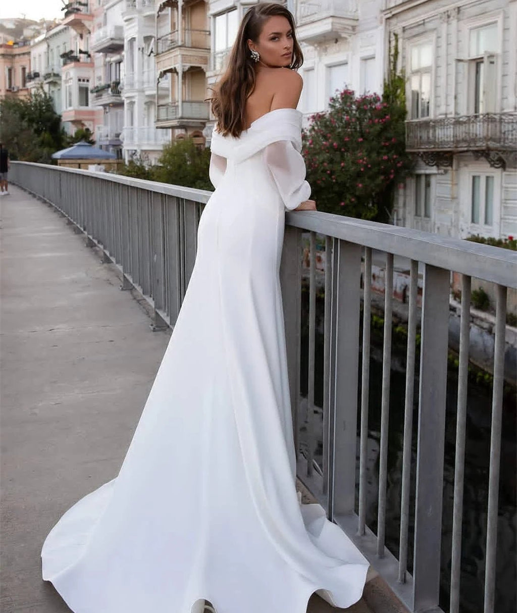 Off-Shoulder Puffy-Sleeve Pleated Satin Mermaid Wedding Dress - Luzilly Bridal & Apparel