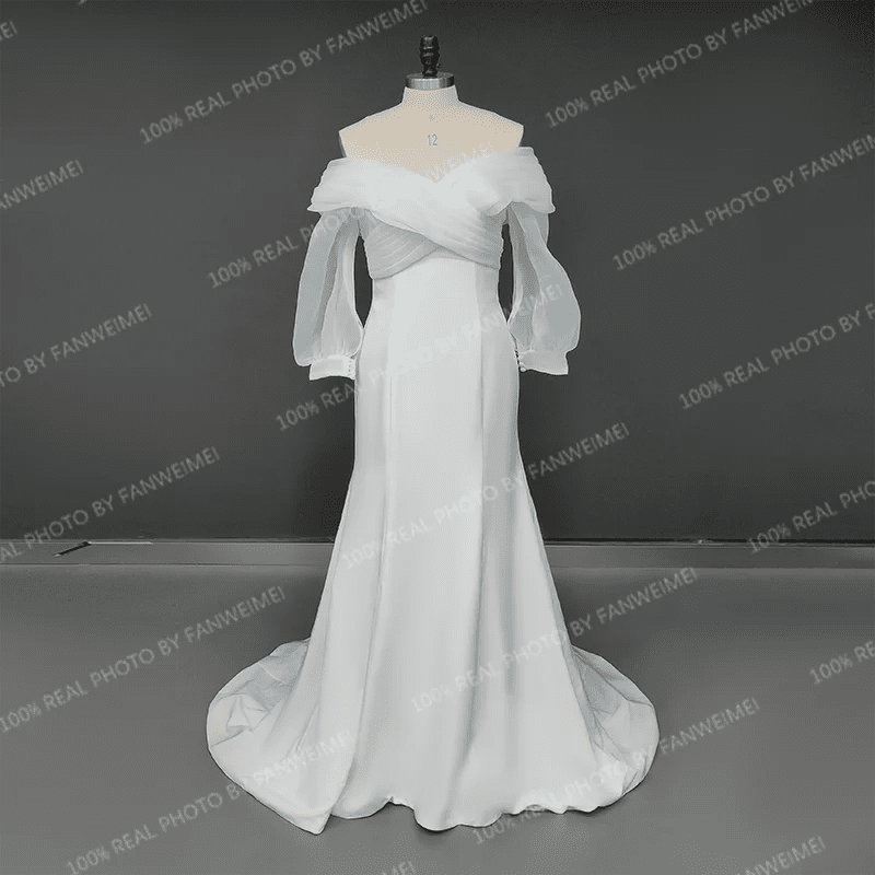 Off-Shoulder Puffy-Sleeve Pleated Satin Mermaid Wedding Dress - Luzilly Bridal & Apparel