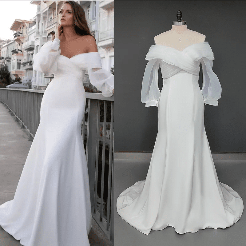 Off-Shoulder Puffy-Sleeve Pleated Satin Mermaid Wedding Dress - Luzilly Bridal & Apparel