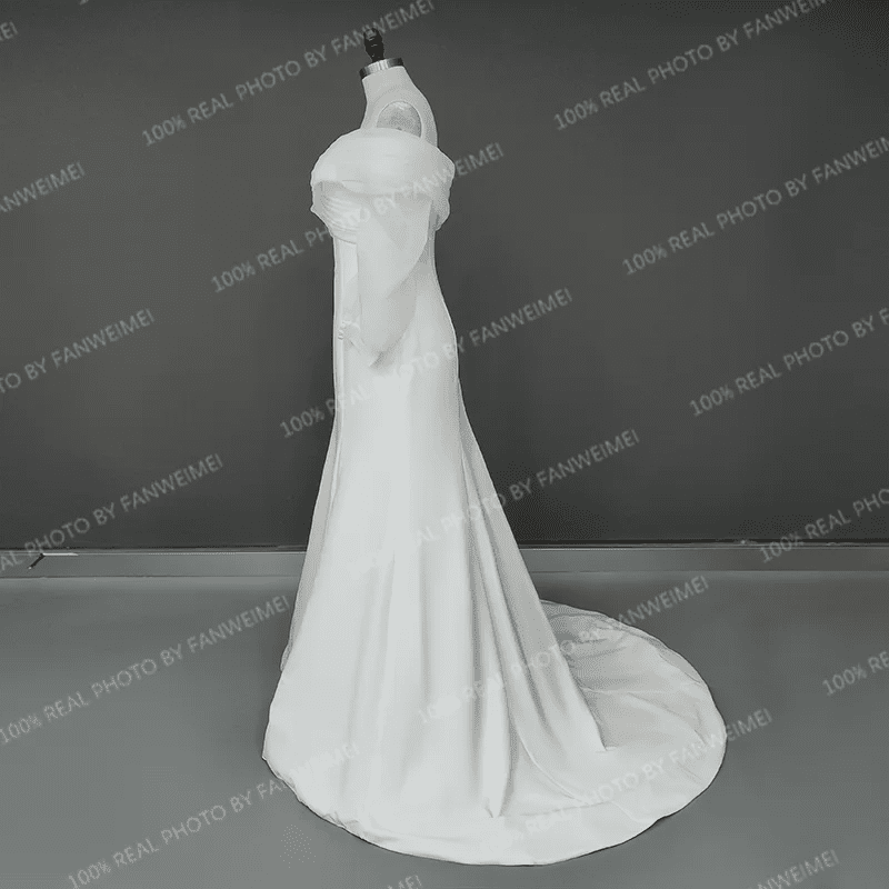 Off-Shoulder Puffy-Sleeve Pleated Satin Mermaid Wedding Dress - Luzilly Bridal & Apparel