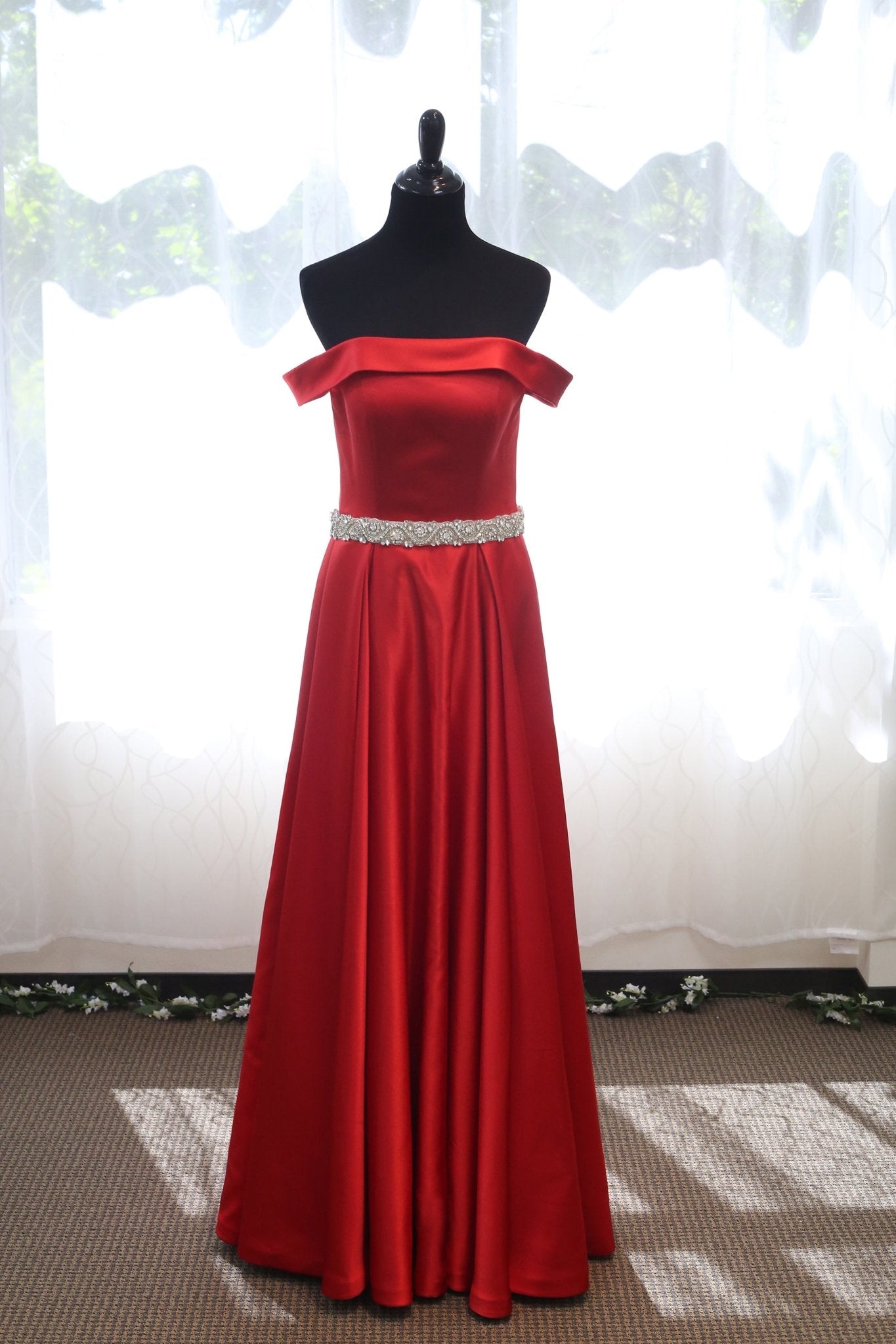 Off-shoulder Ruby Red A-line Japanese Soft Satin Prom Dress with Crystal Beaded Sash - Luzilly Bridal & Apparel