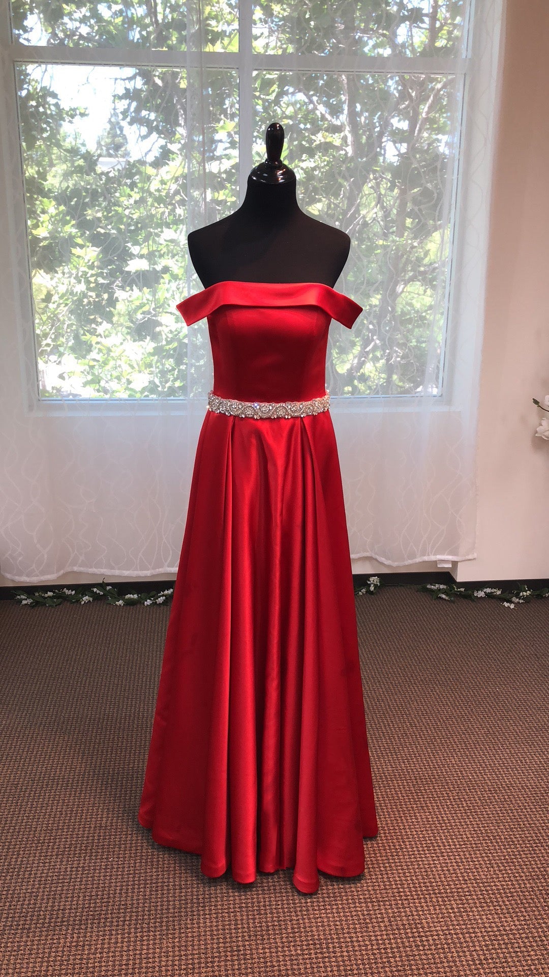 Off-shoulder Ruby Red A-line Japanese Soft Satin Prom Dress with Crystal Beaded Sash - Luzilly Bridal & Apparel