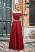 Off-shoulder Ruby Red A-line Japanese Soft Satin Prom Dress with Crystal Beaded Sash - Luzilly Bridal & Apparel