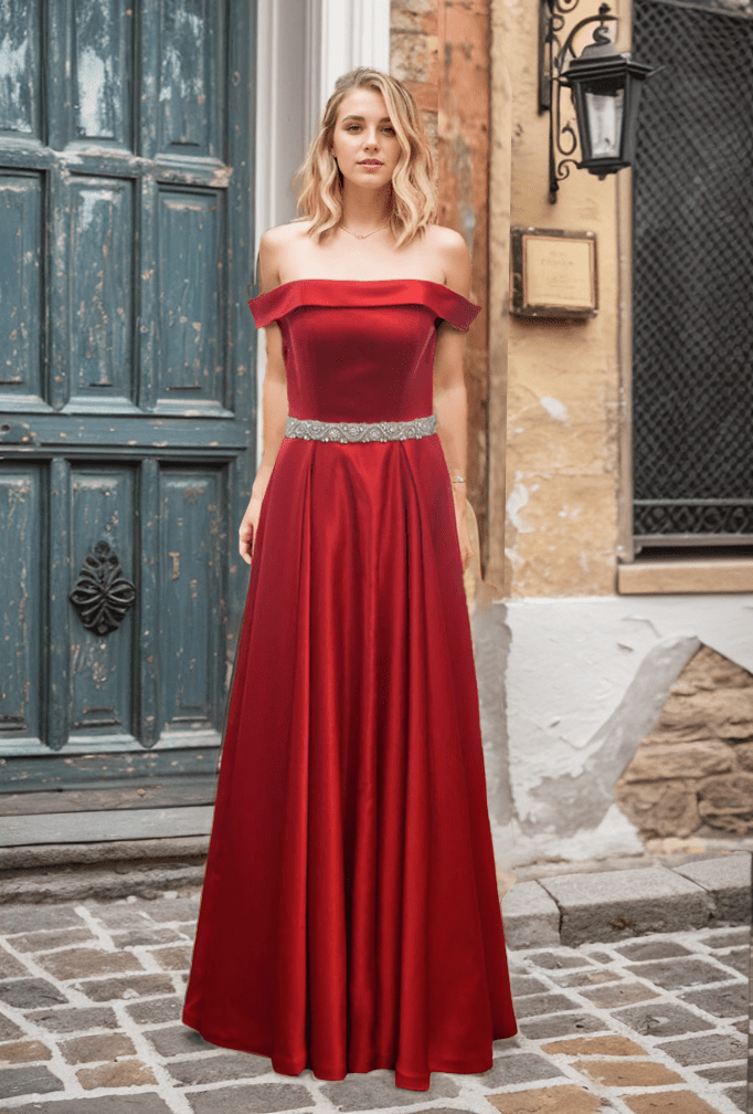 Off-shoulder Ruby Red A-line Japanese Soft Satin Prom Dress with Crystal Beaded Sash - Luzilly Bridal & Apparel