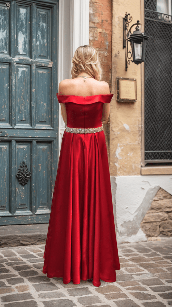 Off-shoulder Ruby Red A-line Japanese Soft Satin Prom Dress with Crystal Beaded Sash - Luzilly Bridal & Apparel