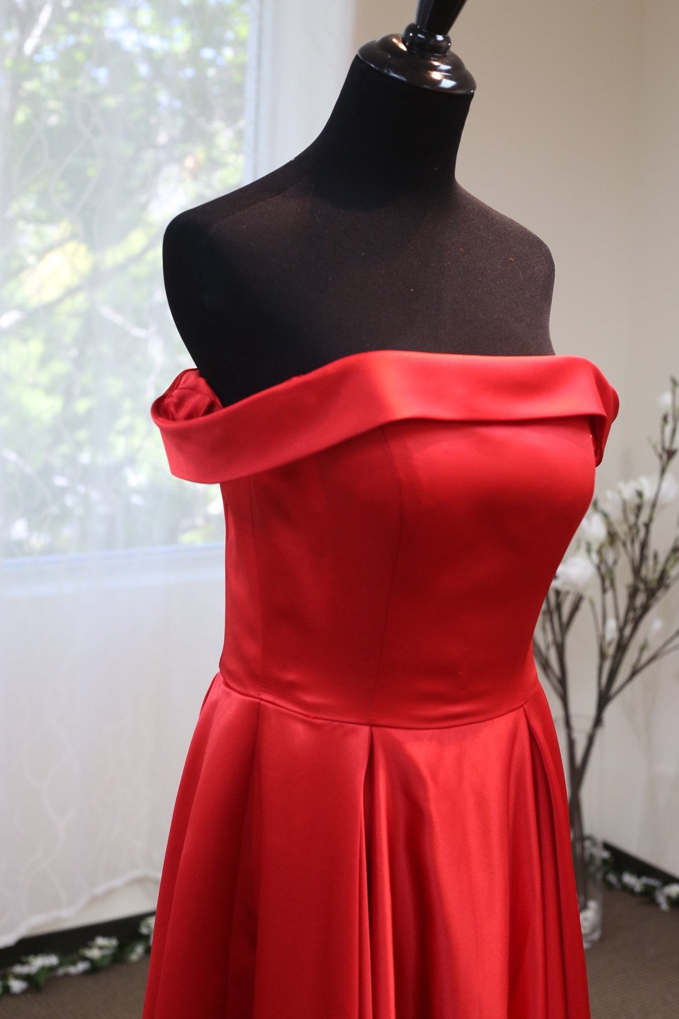 Off-shoulder Ruby Red A-line Japanese Soft Satin Prom Dress with Crystal Beaded Sash - Luzilly Bridal & Apparel
